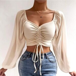 sexy mesh lantern sleeves drawstring wrap chest t-shirt for women - NWT